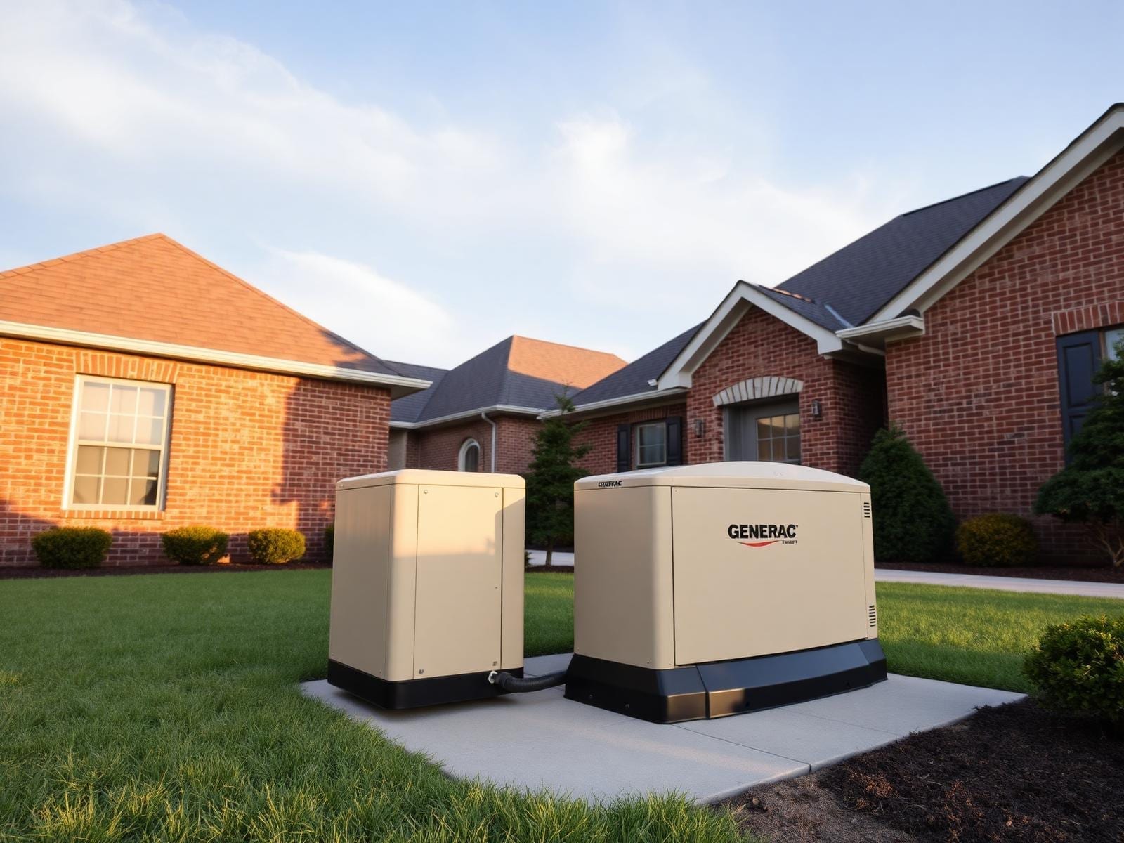 Whole-home Generac standby generator installed on a concrete pad beside a brick home in Lexington, Kentucky.