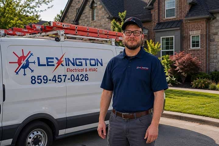 Lexington Electrical & HVAC technician Danny standing in front of a branded service van at a Lexington home
